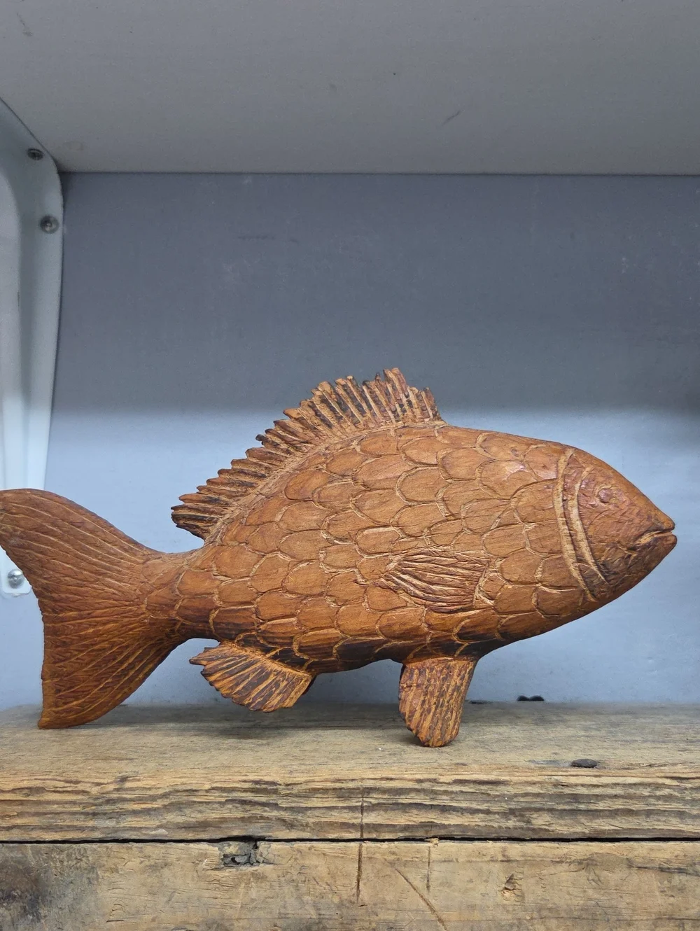 Vintage Hand-Carved Brown Wooden Fish Sculpture